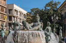 Fountain Rio Turia On Square Of The Virgin Saint Mary, Valencia Tourist Attraction