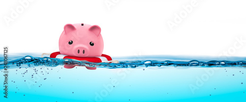Cuadros en Lienzo Piggy Bank In Life-ring Floating On Water - Financial Security Concept
