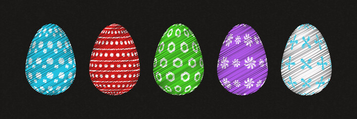 Vector set of realistic isolated easter eggs with embroidery design for template decoration and covering on the dark background. Concept of Happy Easter.