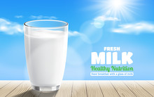 Realistic Transparent Glass Of Milk With Wooden Table On Blue Sky Background, Vector Illustration. 