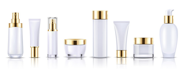set gold cosmetic bottles packaging mockup, ready for your design, vector illustration.