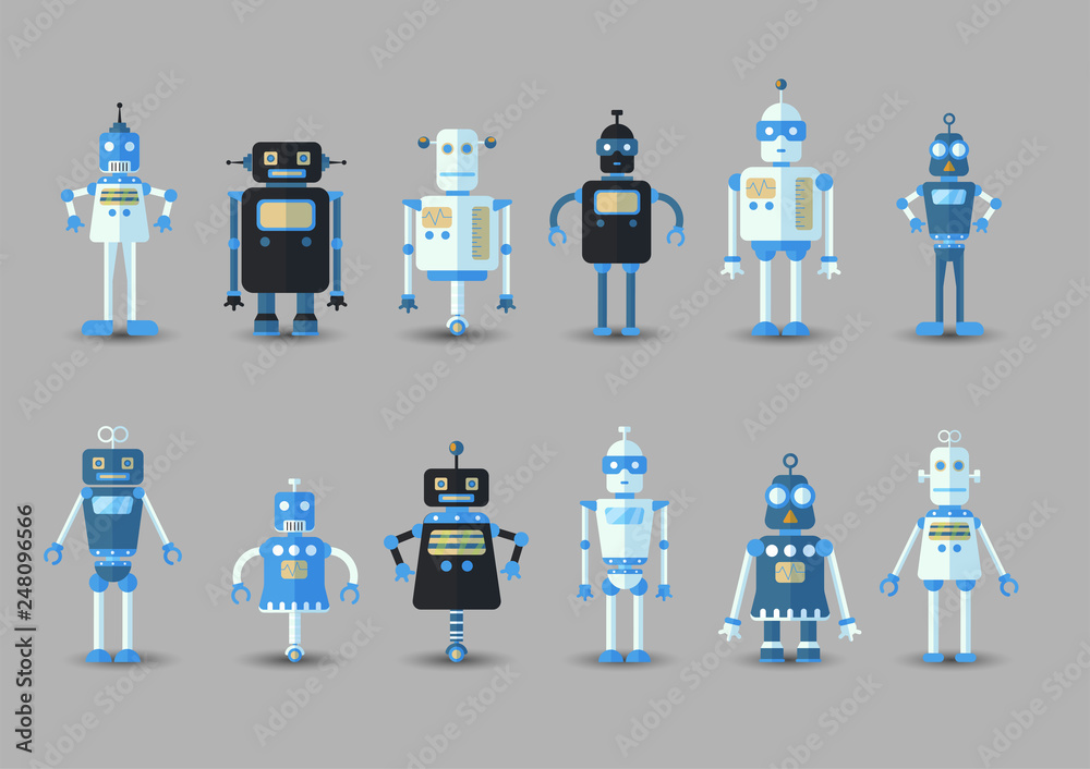 Retro vintage funny vector robot set icon in flat style isolated on ...