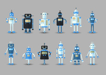 Retro Vintage Funny Vector Robot Set Icon In Flat Style Isolated On Grey Background. Vintage Illustration Of Flat Chatbot Icon Collection. Set Of Cute Cartoon Retro Robot Icons, Vintage Chat Bot Set