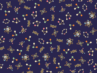 Cute cartoon molecular seamless pattern. DNA molecule, atoms and atomic structure, proton and electron science elements in repeatable seamless pattern, cartoon style. Molecular seamless pattern, atom