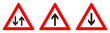 Warning - single/two way traffic sign. Black arrow in red triangle, version with arrow pointing up, down and both ways.