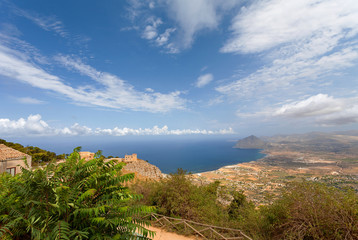 Wall Mural - Erice, Sicily, Italy  - Panoramic view from Erice at Mediterranean sea (Tyrrhenian sea), Trapani province.