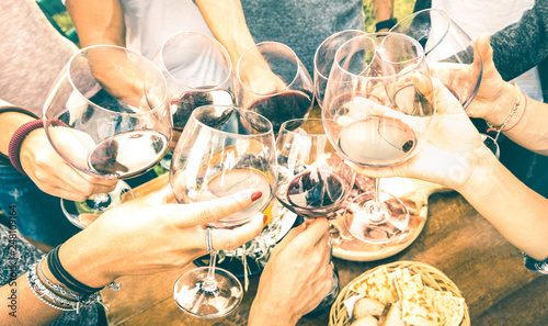 Photographie Friend hands toasting red wine while having fun outside cheering with winetastin