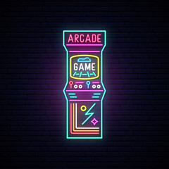Wall Mural - Arcade game machine neon sign. Entertainment emblem. Advertising design. Night light signboard. Vector illustration.