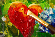 Macro Closeup Art Tool Of Artist Art Brush Paints Beautiful Oil Painting On Canvas Of Red Heart And Flowers On Artwork. Postcard Beloved For Wedding And Valentine Day Lovers.