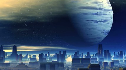 Wall Mural - Huge Planet over Alien City. In the city of thick white fog. In the dark starry sky, a large planet, slowly floating clouds. All filled in blue light. 