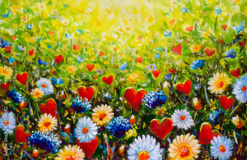 Hand Made Flowers And Hearts Field Oil Painting Flower Heart Art Artwork On Canvas Illustration Modern Stock Illustration Adobe Stock