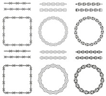 Set Of Old School Chains And Barbed Wire Pattern Brushes. Stipple Tattoo Decor, Dot Art. Wire With Right Angles. Eps10 Vector