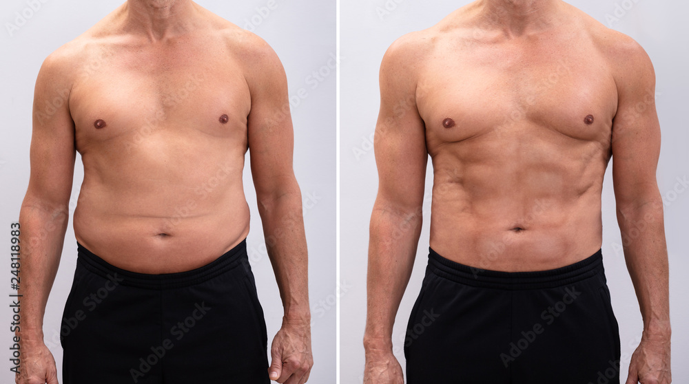 Mature Man Before And After Weight Loss On White Background - obrazy, fototapety, plakaty 