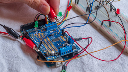 Wall Mural - Microcontroller build closeup showing components, board and shield