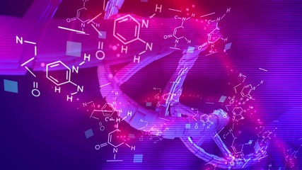 Wonderful 3d rendering of a coil looking DNA rotating around its axis in the blue and rosy background placed aslant. Chemical formulas are spinning nearby in seamless loop.