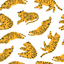Tiger Lies In Various Poses. Hand Drawn Vector Seamless Pattern. Perfect For Printing