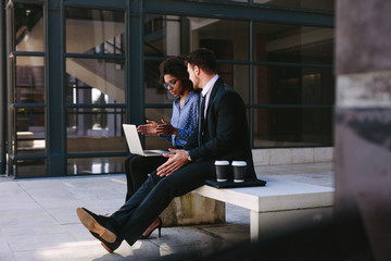 Wall Mural - Two business people discussing work with laptop.