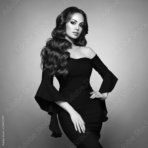 Beautiful Woman In Elegant Black Evening Dress Brunette