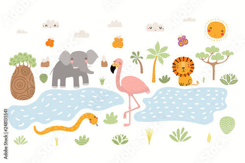 Hand drawn vector illustration of cute animals lion, flamingo, elephant, snak...