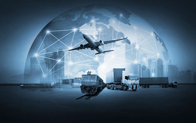 Abstract image of the world logistics, there are world map background and container truck, ship in port and airplane