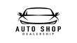 © JoelMasson - Auto shop sports car dealership logo with a line style silhouette icon of a conceptual shape performance motor vehicle template. Vector illustration.