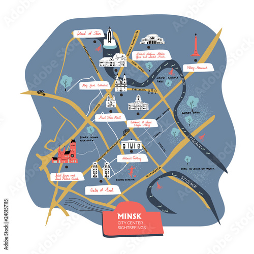 Cuadros en Lienzo Minsk city center sightseeings cartoon map with what to see in the capital of be