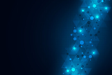 Abstract technology background with molecular structures and neural network. Molecules DNA and genetic engineering.