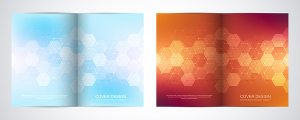 Wall Mural - Bi fold brochure template with hexagons pattern. Geometric abstract background of molecular structures and chemical compounds.