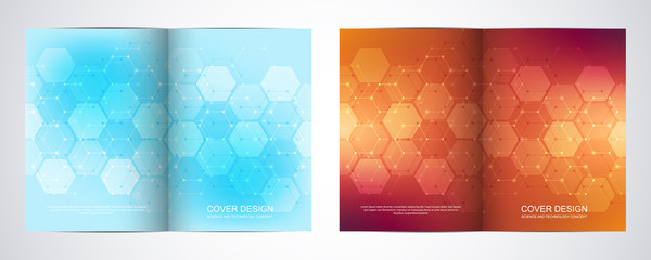 Bi fold brochure template with hexagons pattern. Geometric abstract background of molecular structures and chemical compounds.