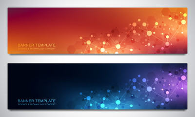 Banners design template with molecules background and neural network. Science and technology background of genetic engineering or laboratory research.