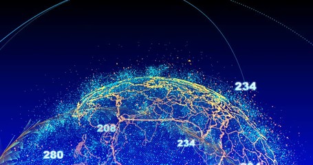 Poster - abstract globe with particles and plexus structure. Digital technology planet with continent forming. Triangulated structure. Glows and particles.