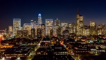 San Francisco Aerial V79 Dusk To Night Hyperlapse Following Paths Of Front & Battery Streets From Financial District Toward Embarcadero 12/18