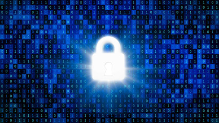 Fototapete - Safety lock for protecting password with 01 or binary numbers on the computer screen on monitor background matrix, Digital data code in security technology concept. 3d abstract illustration
