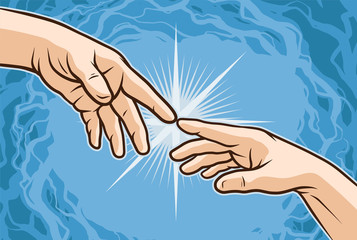 Fototapete - Cartoon white hands touching each other. Human fingers connecting. On blue background with star splash. Vector icon.