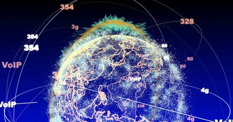 Poster - abstract globe with particles and plexus structure. Digital technology planet with continent forming. Triangulated structure. Glows and particles. alpha channel