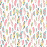 Seamless boho pattern. Vector image on national American motifs. Illustration of bright feathers flying up. For print, background, textile, children, wrapping paper, holiday, birthday, baby shower