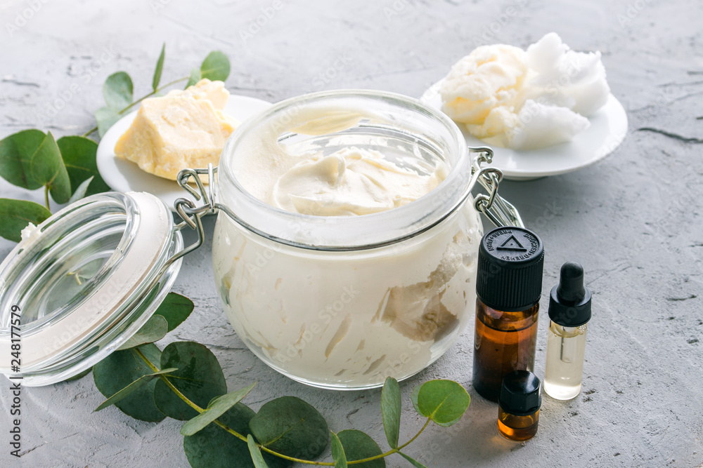 diy body butter with ingrdients on concrete background - obrazy, fototapety, plakaty 