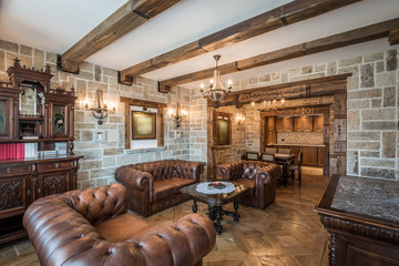 Classic living room, wooden and stone