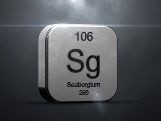 Fototapete - Seaborgium element 106 from the periodic table. Metallic futuristic icon 3D rendered with nice lens flare