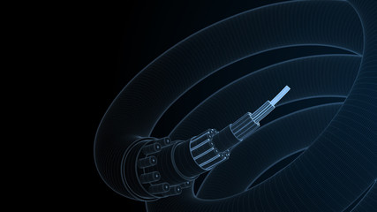 3d blue render technology background. Concept of fiber optic internet cable with complex structure. Wireframe render.