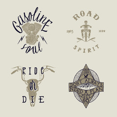 Wall Mural - Biker t-shirt design set: gasoline soul - motorcycle engine, road spirit - motorcycle rider, ride or die - cow skull with bike steering bars horns, 