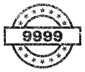 Wall Mural - 9999 stamp seal watermark with distress style. Designed with rectangle, circles and stars. Black vector rubber print of 9999 tag with dust texture.