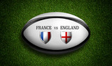 Fototapeta Kosmos - Rugby Match schedule, France vs England, flags of countries and rugby ball - 3D rendering