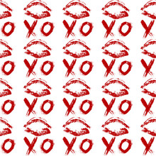 Lips Print And XOXO Written With Red Lipstick. XO And Lipstick Kiss Seamless Pattern. Hugs And Kisses Vector Illustration. Valentines Day Background.  Fashion, Beauty And Glamour Concept.