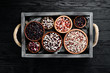Raw beans in a wooden box. Top view. Free copy space.