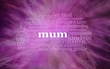 Mothering Sunday MUM Word Cloud  Background Banner   -  Pink Feathery Background With The Word MUM Surrounded By A Relevant Word Cloud And Copy Space Below