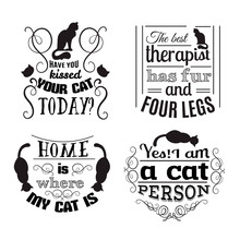 Collection Of Quote Typographical Background About Cats With Hand Drawn Waves And Scrolls.Vector Silhouette Of Cat. Template For Business Card Poster And Banner. Print For Clothes.