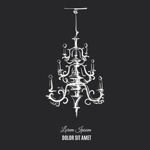Vector Illustration Of Antique Chandelier Made In Hand Drawn Style. Digital Drawing Of Barocco Lamp. Template For Card, Poster And Banner