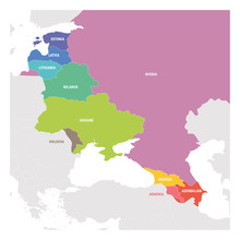 East Europe Region. Colorful Map Of Countries In Eastern Europe. Post Soviet And Caucasian Countries. Vector Illustration