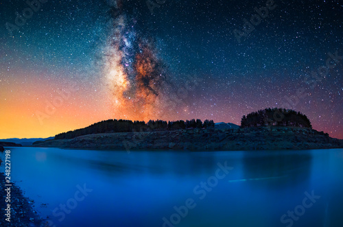 Milky way galaxy above the blue lake. Tablou Canvas